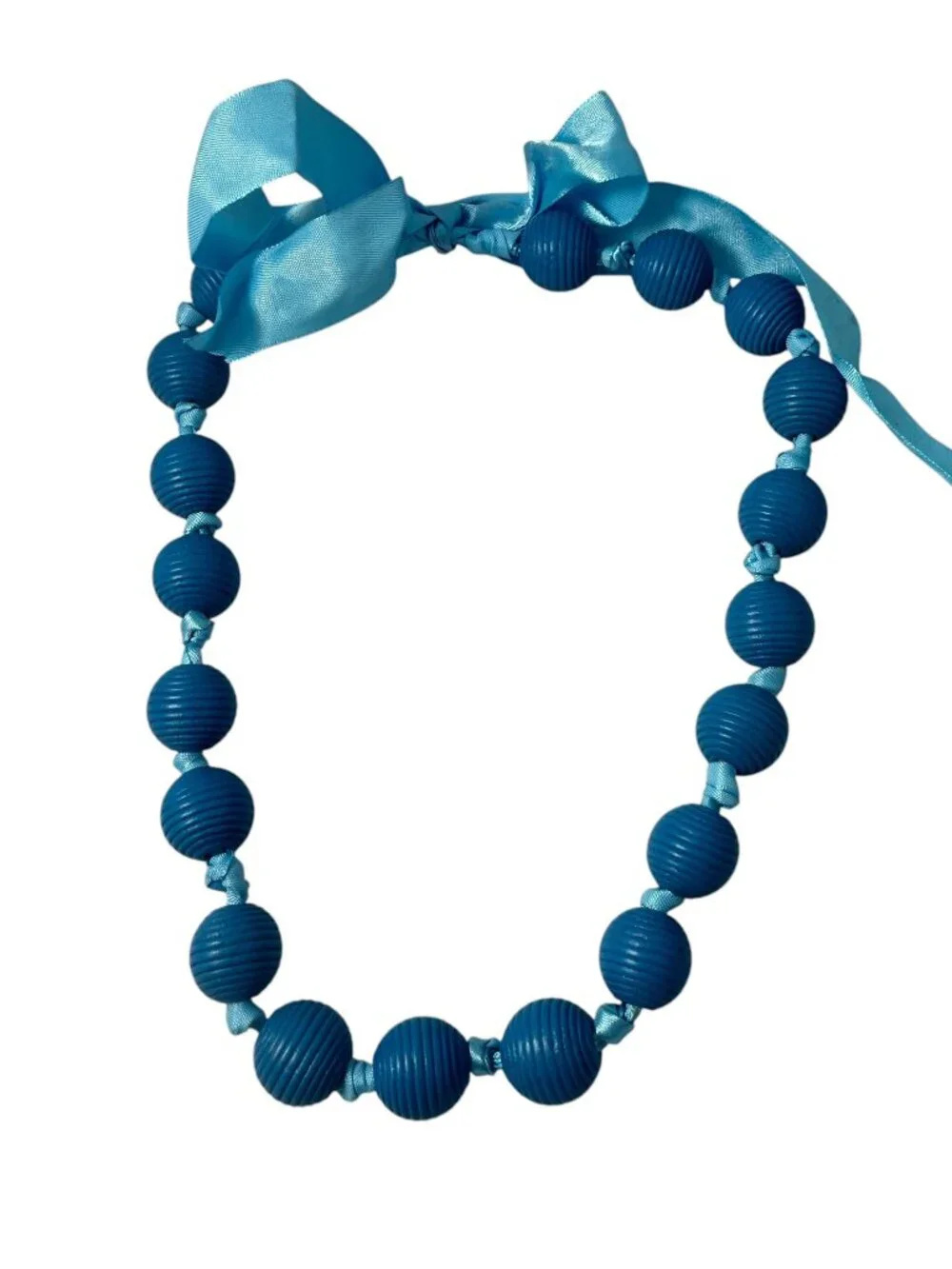 Blue Ribbed Bead Gumball Statement Necklace Satin Ribbon Tie Chunky Boho